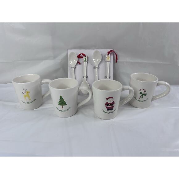 BIA Happy Holidays Set of 4 Christmas Mugs & Matching Ceramic Spoons Cordon Bleu - Picture 2 of 8